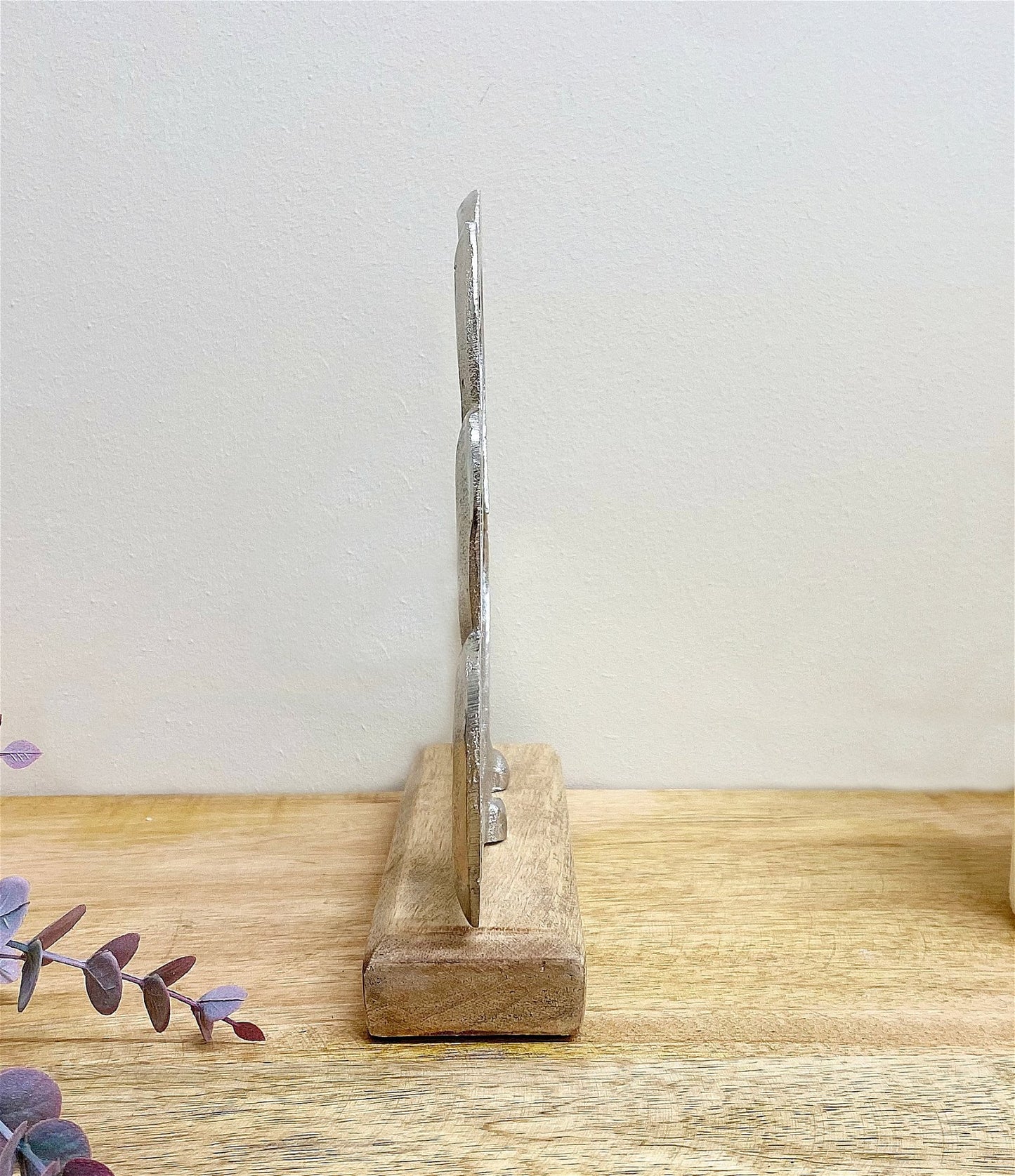 Metal Silver Four Heart Ornament On A Wooden Base Medium